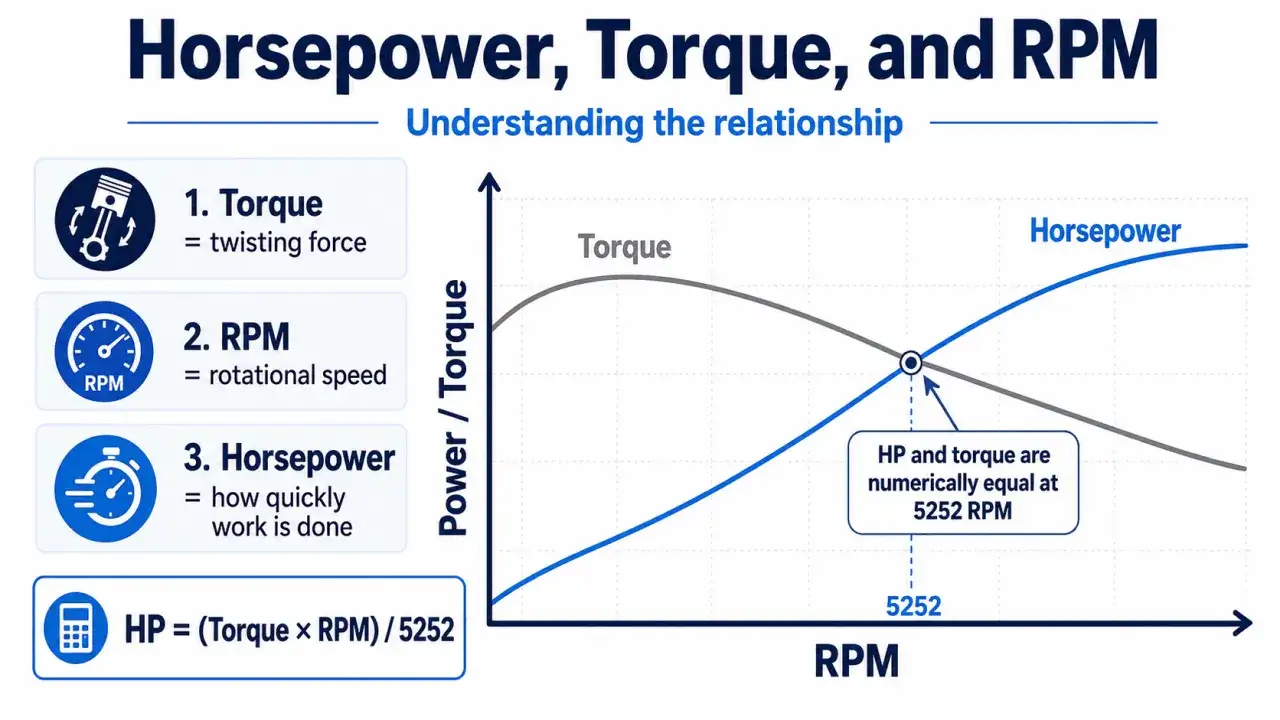 Grafico che illustra la relazione tra potenza, coppia e RPM. Mostra come calcolare la coppia motore e la potenza.