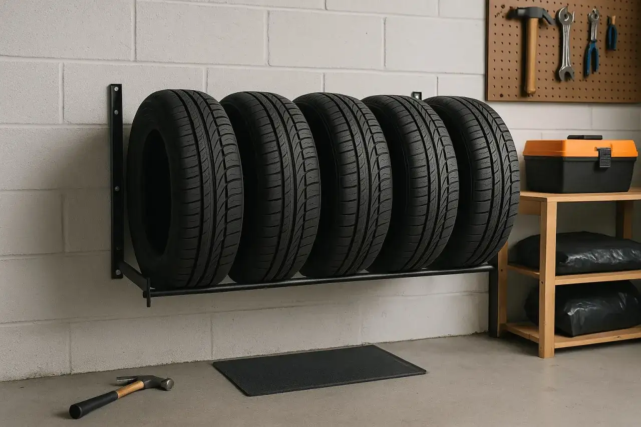Cinque gomme per auto su un supporto a muro, un modo pratico per sapere come tenere le gomme in garage.