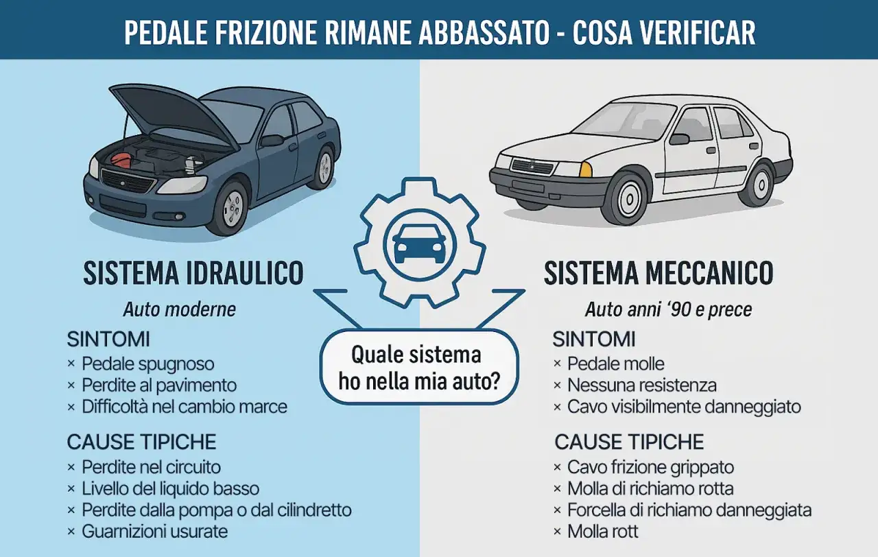 Il pedale frizione rimane abbassato? Confronto tra sistema idraulico e meccanico, con sintomi e cause tipiche per capire quale sistema verificare.