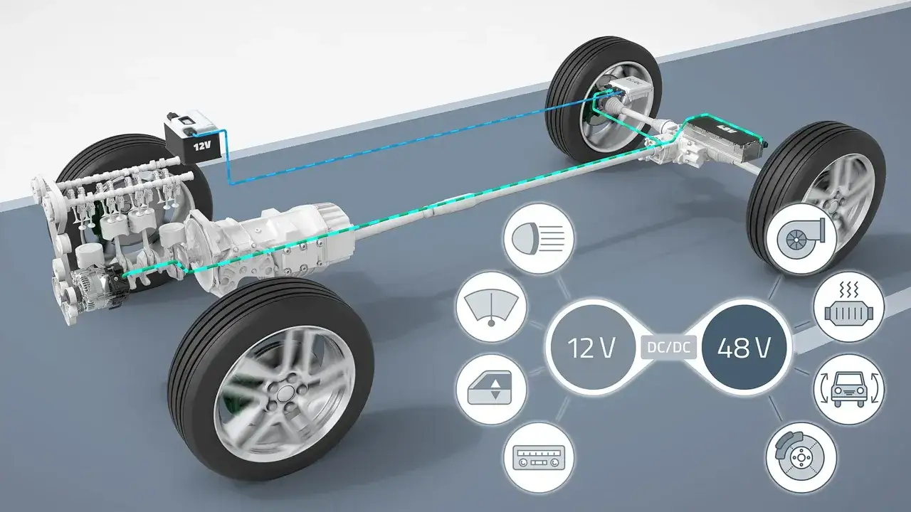 Schema di un sistema MHEV (Mild Hybrid Electric Vehicle) con motore a combustione, batteria 12V e 48V, e componenti ausiliari.