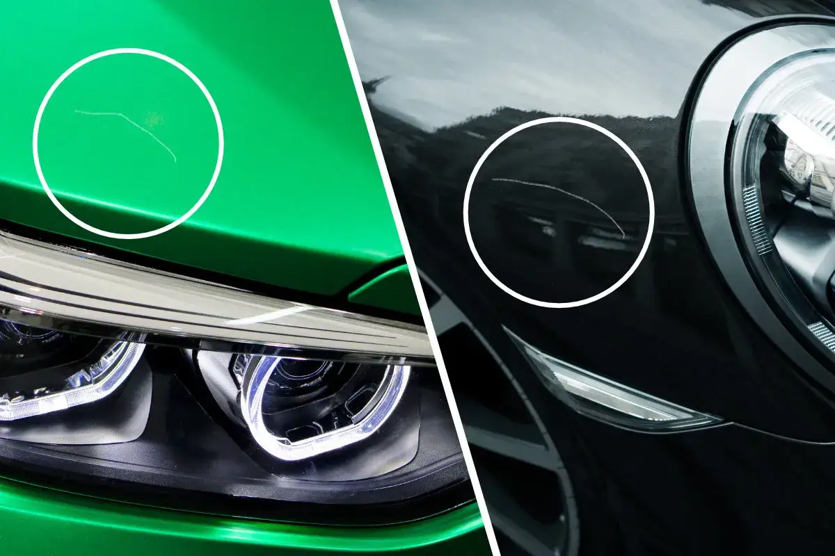 Graffi su carrozzeria metallizzata verde e nera, evidenziati da cerchi bianchi. Soluzioni per eliminare graffi carrozzeria metallizzata.
