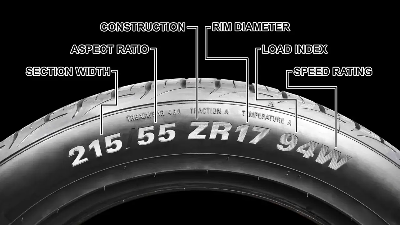 Dettagli di un pneumatico: larghezza, rapporto d'aspetto, costruzione, diametro del cerchio, indice di carico e indice di velocità (velocità pneumatico).