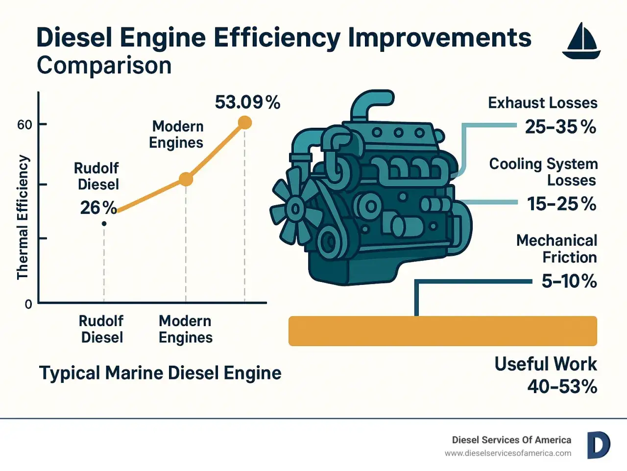 Confronto efficienza motori diesel: dal 26% di Rudolf Diesel al 53,09% dei motori moderni, mostrando perdite e lavoro utile.
