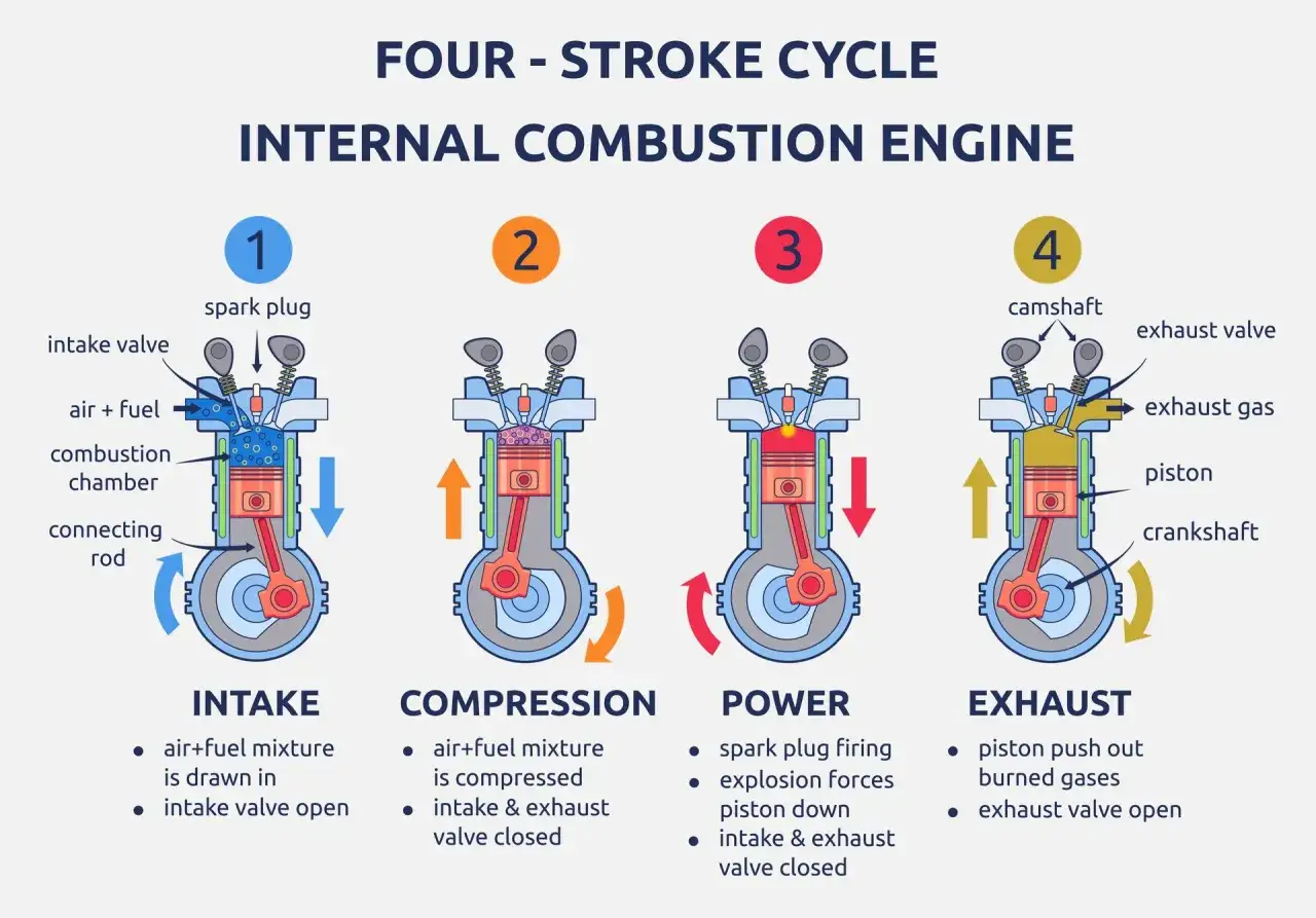 Il ciclo a quattro tempi di un motore endotermico: aspirazione, compressione, scoppio e scarico.