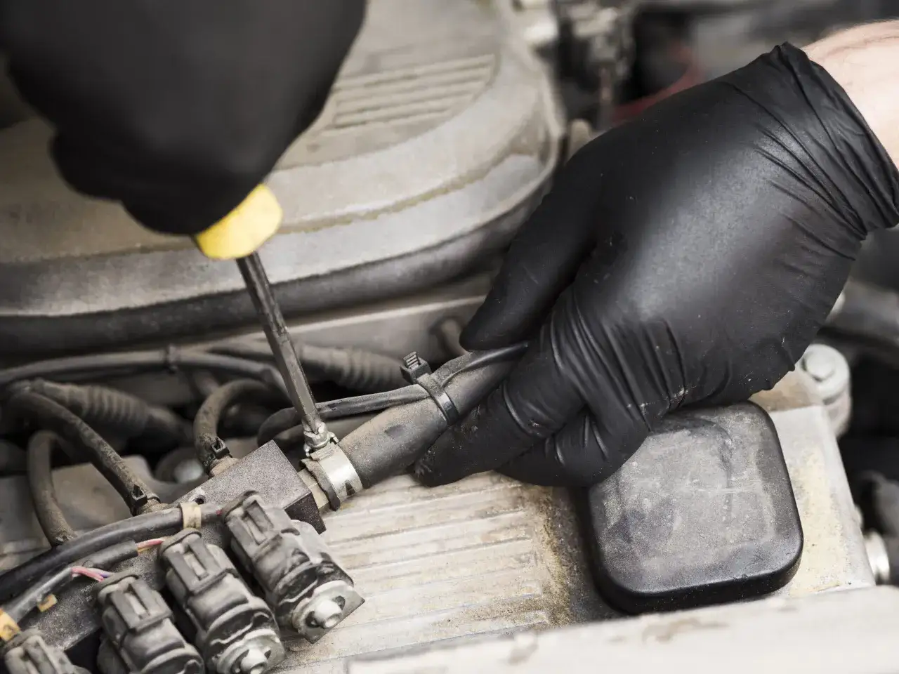 Mano con guanto nero stringe fascetta su tubo motore diesel, risolvendo vuoti in accelerazione.