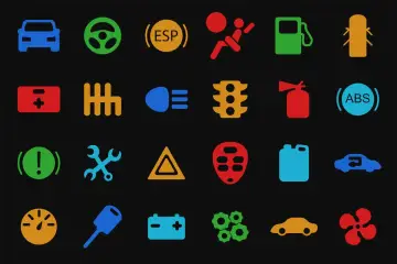 Icone colorate su sfondo nero: cruscotto auto, cambio, spie motore benzina, ABS, batteria, ruote, ecc.