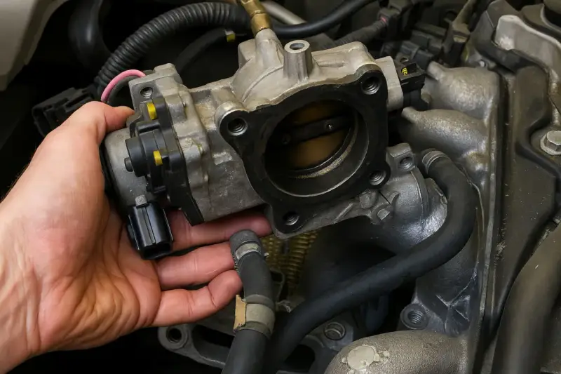 Mano che installa un corpo farfallato su un motore.