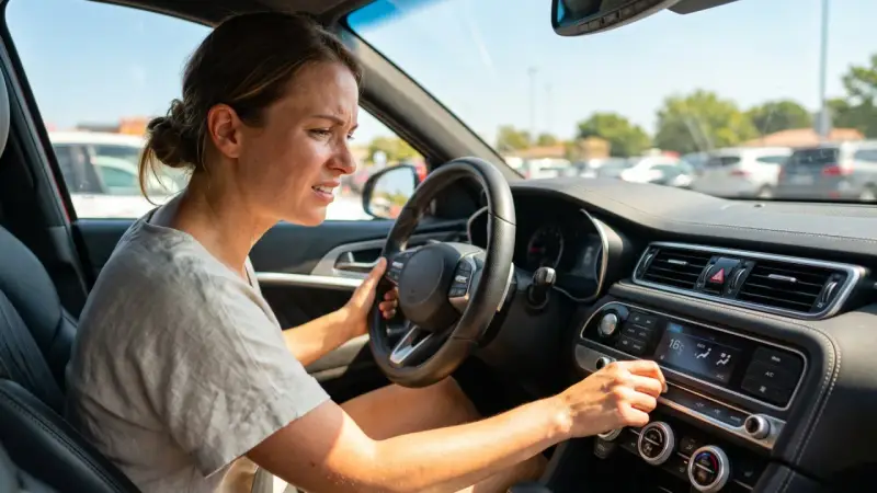 Donna frustrata al volante, tenta di regolare il climatizzatore. L'aria condizionata dell'auto non funziona, che caldo!