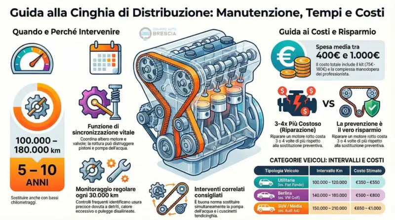 Guida alla cinghia distribuzione: costi e tempi. Spesa media tra 400€ e 1.000€ per la sostituzione. Prevenire è risparmiare.